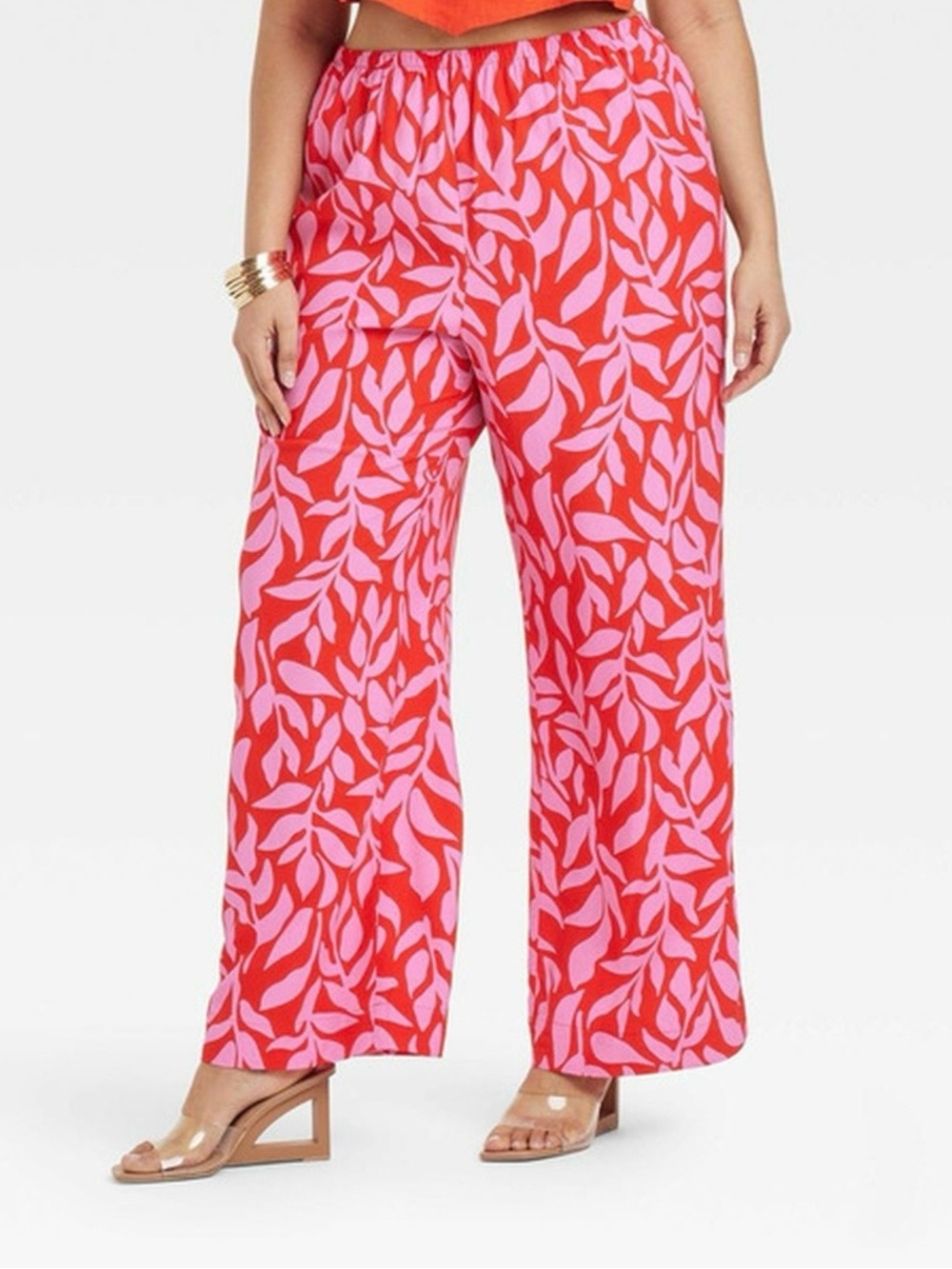 a new day Wide Leg Pants in Red and Pink Leaf Print 100% Rayon